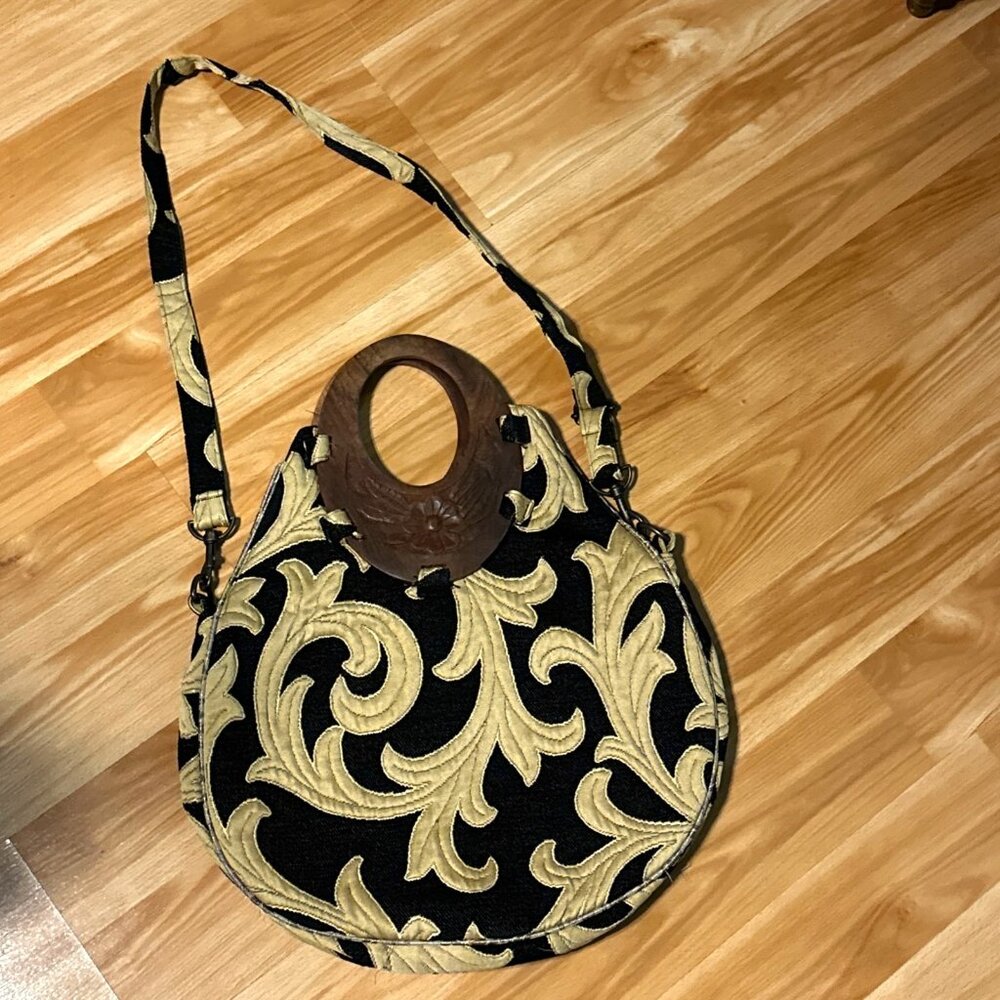 ZARA Crossbody Handbag Boho Wooden Handles Embroidered Fabric Black Tan Purses
